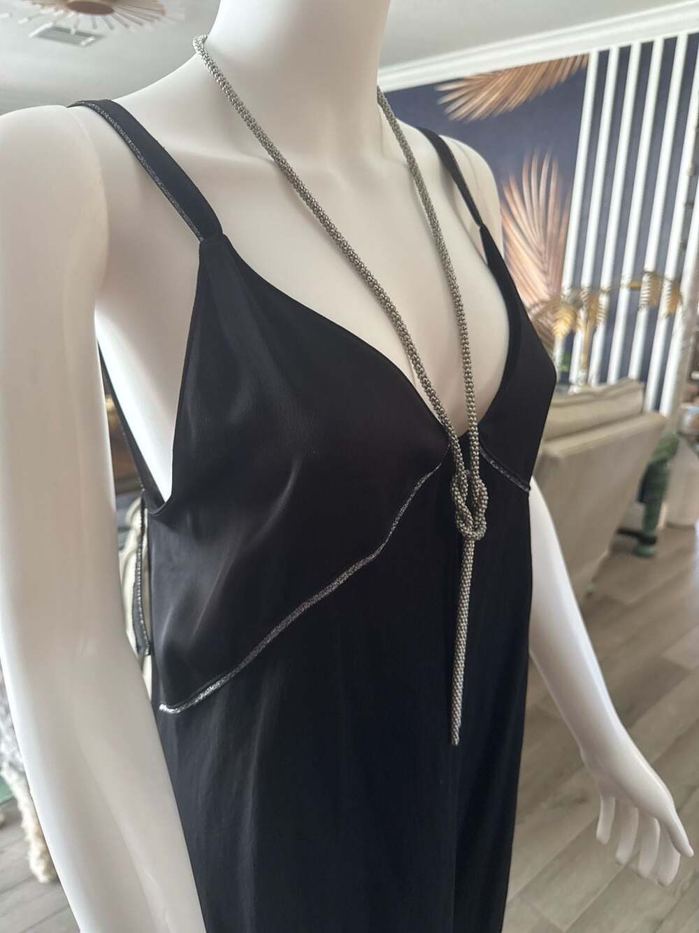 Zara Woman Black V-Neck Slip Dress with Silver Metallic Trim and Low Back Size L